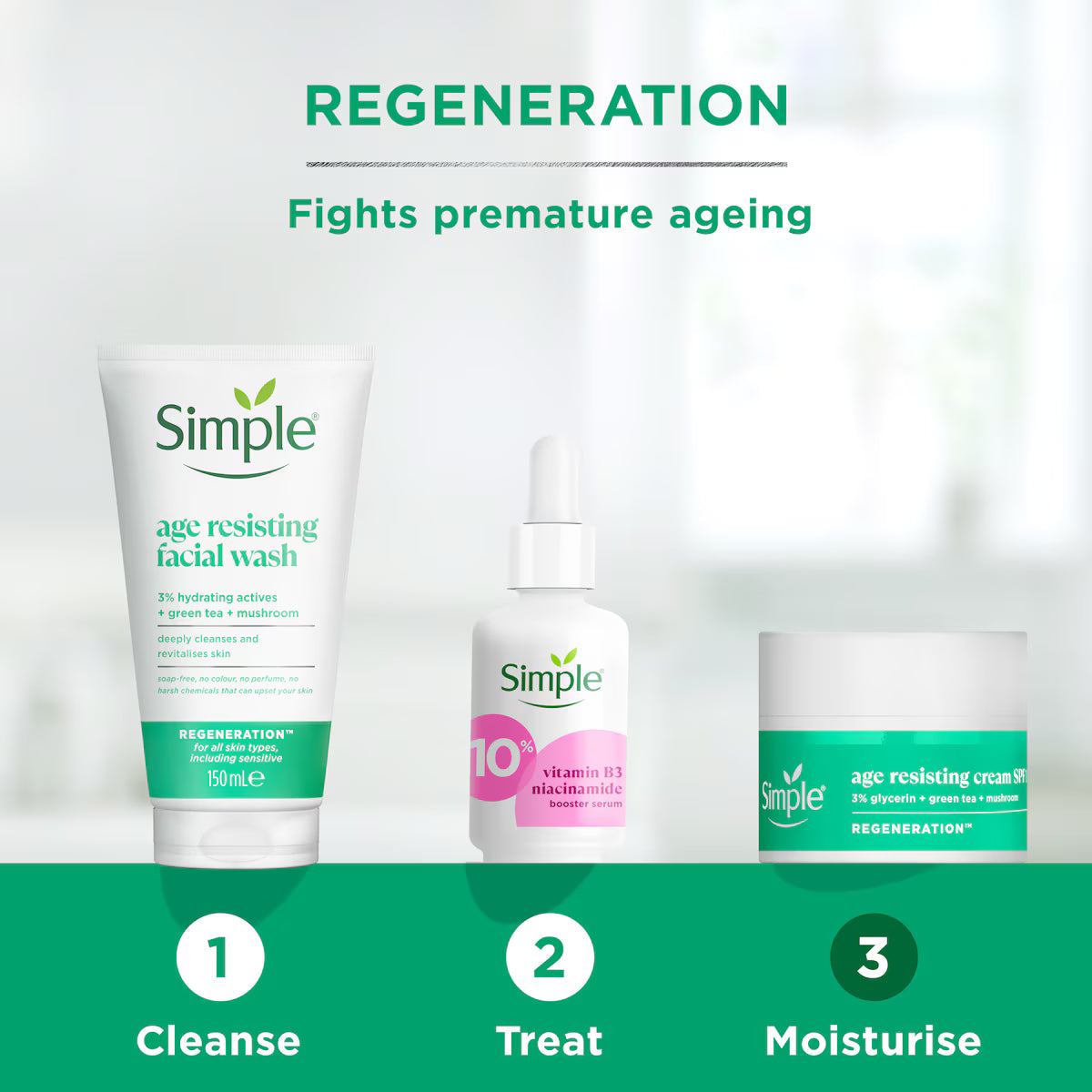 Simple Regeneration Age Resisting Facial Wash - Anti-Aging Cleanser with Prebiotics & Green Tea - 150ml