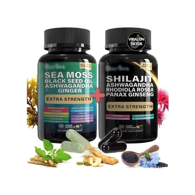 Organic Sea Moss Shilajit Ashwagandha Combo - Energy, Immunity & Hormone Balance - 60 Capsules Each