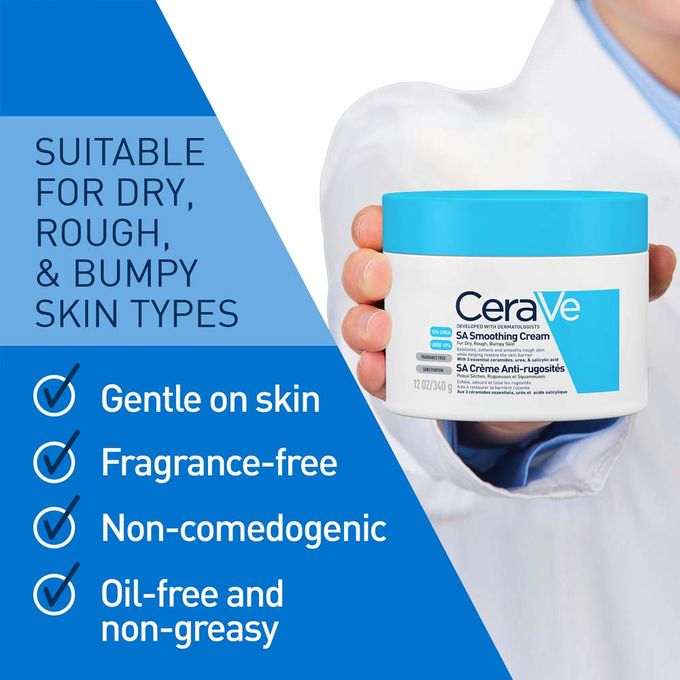 CeraVe SA Smoothing Cream 340g - Exfoliating Body Moisturizer for Rough & Bumpy Skin