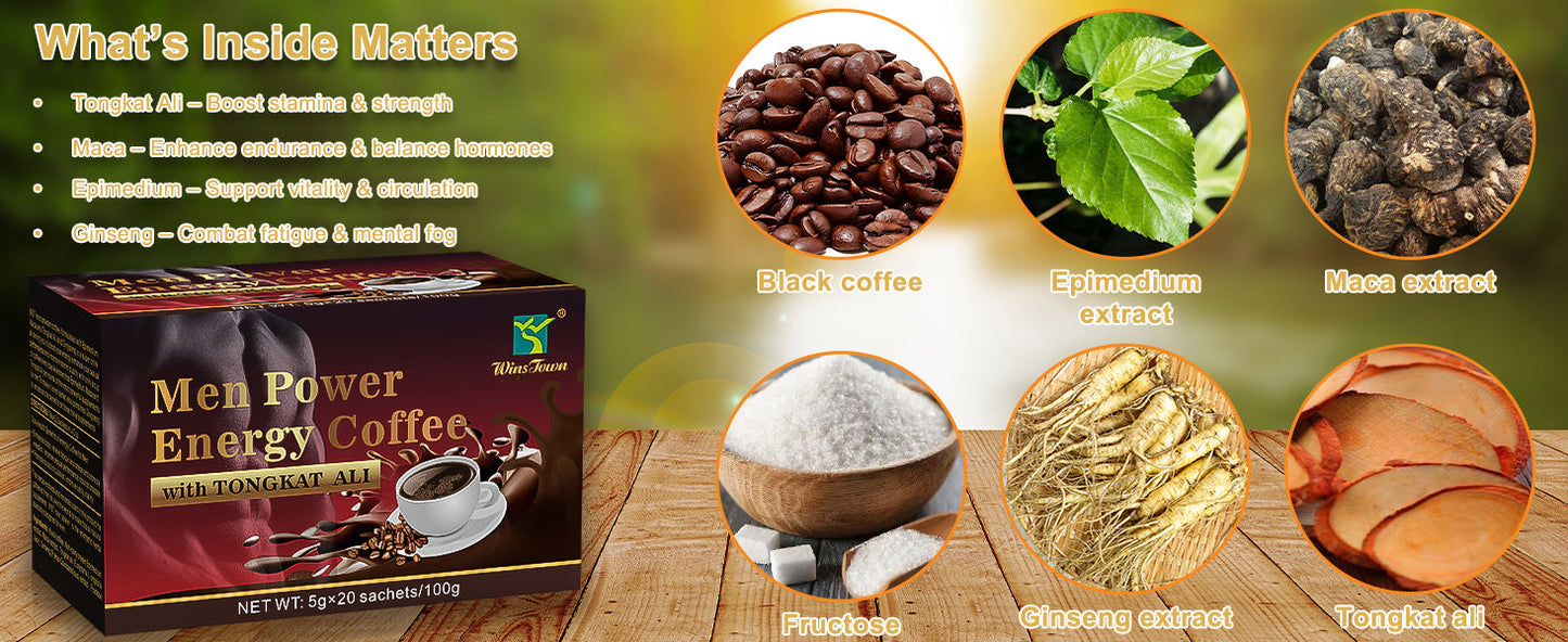 FARWIX Men's Herbal Energy Coffee - Instant Black Coffee with Maca, Tongkat Ali & Ginseng - 20 Sachets