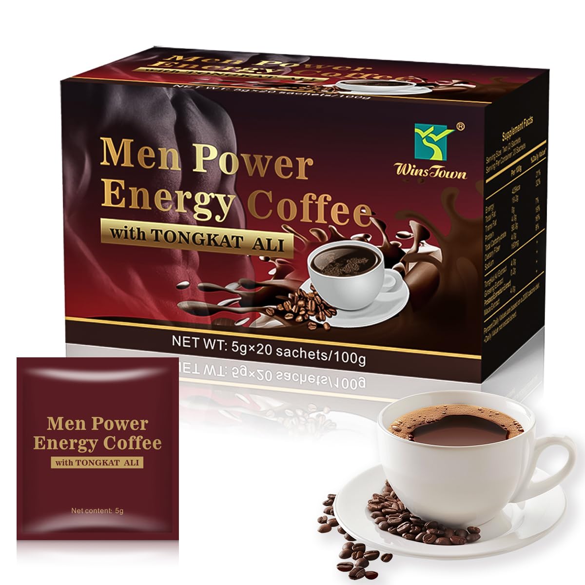 FARWIX Men's Herbal Energy Coffee - Instant Black Coffee with Maca, Tongkat Ali & Ginseng - 20 Sachets