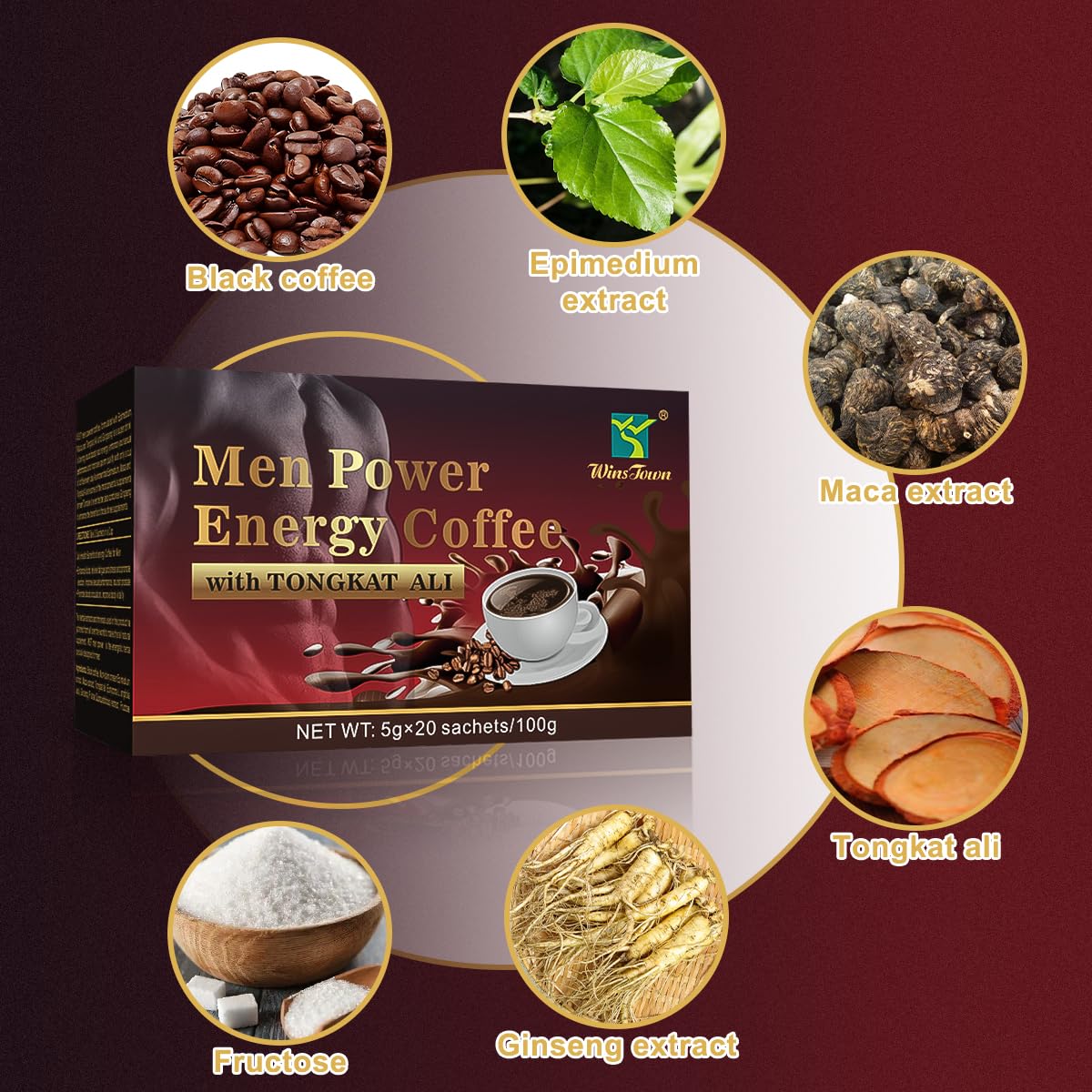 FARWIX Men's Herbal Energy Coffee - Instant Black Coffee with Maca, Tongkat Ali & Ginseng - 20 Sachets
