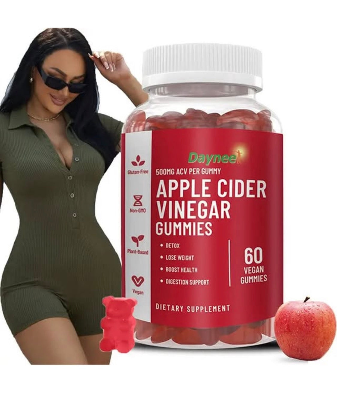 Daynee Apple Cider Vinegar Gummies (500mg) | Dietary Supplement for Detox, Weight Loss, Cholesterol, and Energy