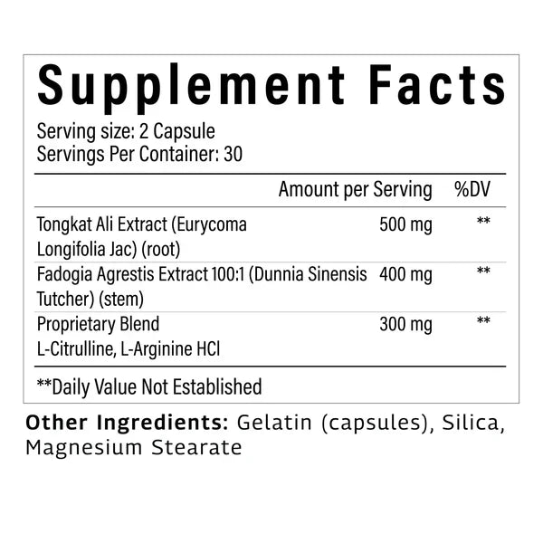 Tongkat Ali 500mg + Fadogia Agrestis 400mg Complex - Testosterone & Vitality Support - 60 Capsules