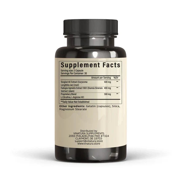 Tongkat Ali 500mg + Fadogia Agrestis 400mg Complex - Testosterone & Vitality Support - 60 Capsules